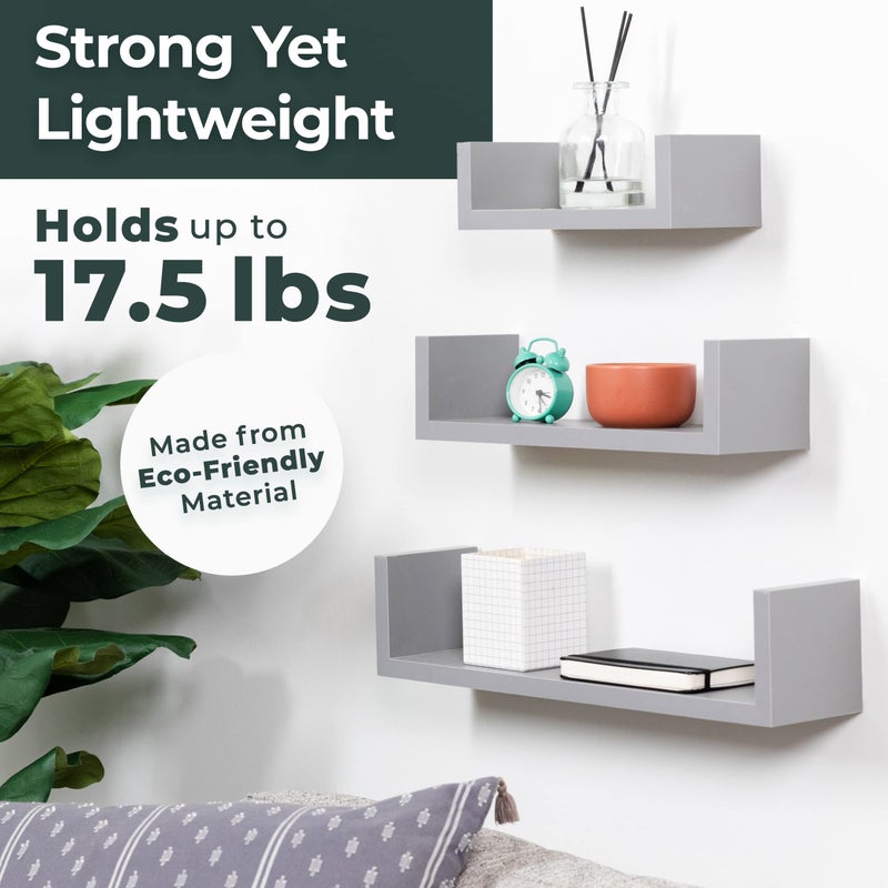 Greenco Set of 3 Floating â€œUâ€ Shelves, Easy-to-Assemble Floating Wall Mount Shelves for Bedrooms and Living Rooms, Grey Finish - Image 3